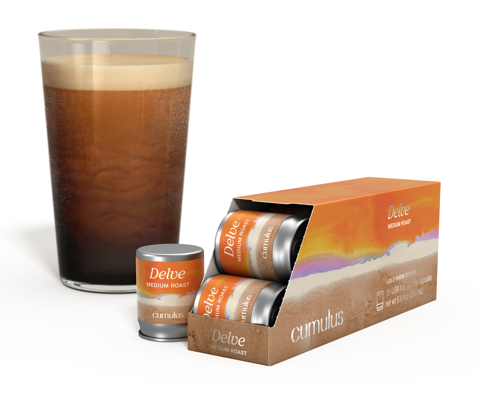 An opened pack of Delve medium roast coffee capsule next to a cup of coffee
