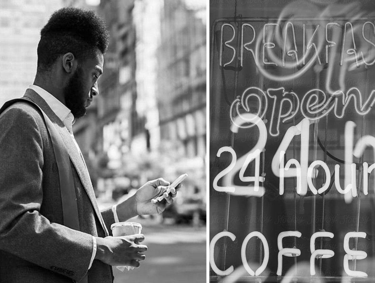 Image showing a young man checking his phone as he crosses a street holding a cup of coffee next to a sign that says "Breakfast open 24 Hour Cofeee"