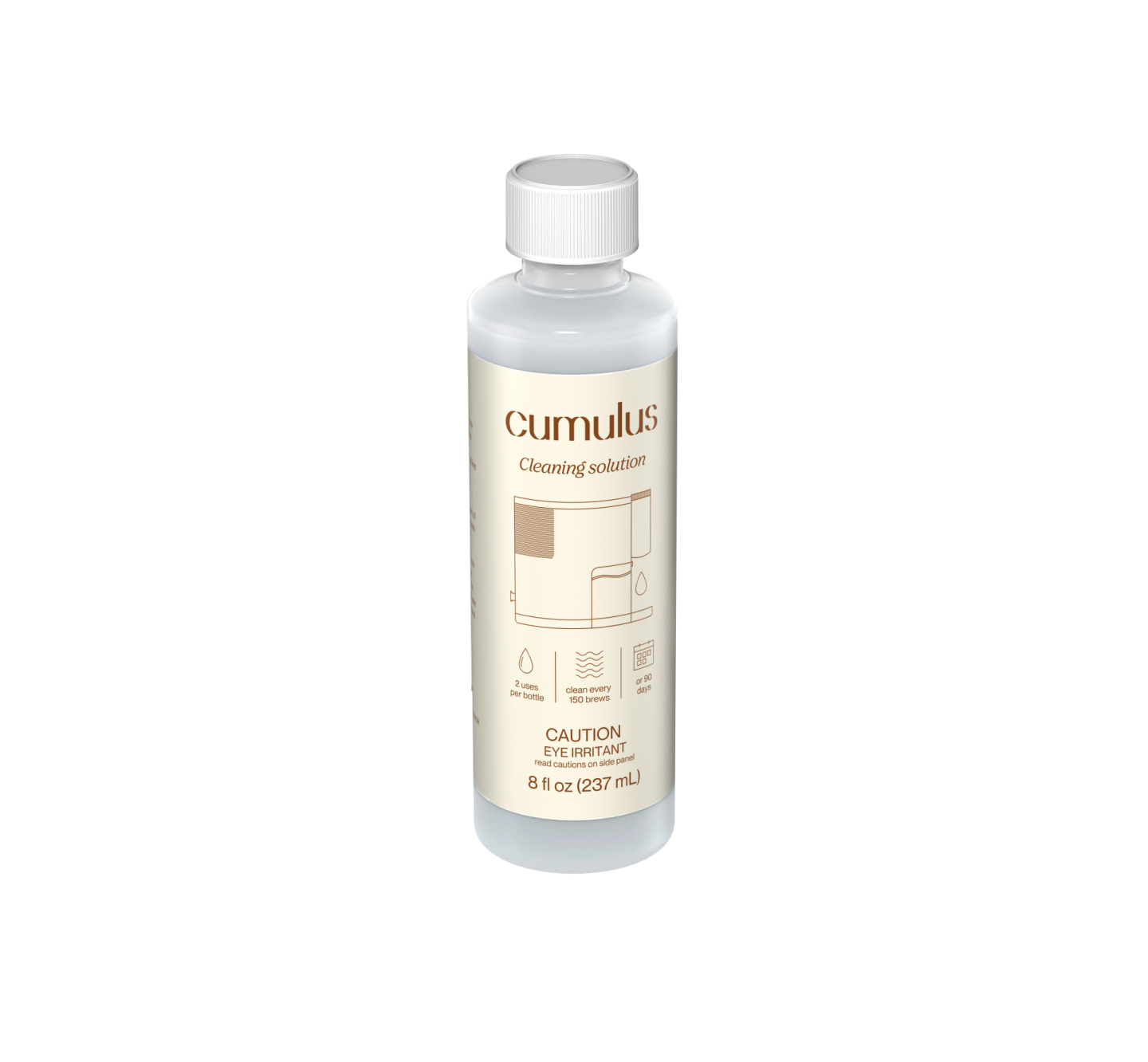A bottle of Cumulus Cleaning Solution. The label says "2 uses per bottle", "clean every 150 brews", "or 90 days", CAUTION EYE IRRITANT "read cautions on side panel" and "8 fl oz (237 ml)"