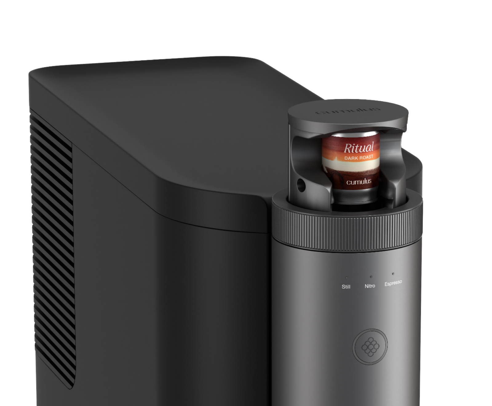 The top of the Cumulus machine with a Ritual dark roast coffee capsule inserted