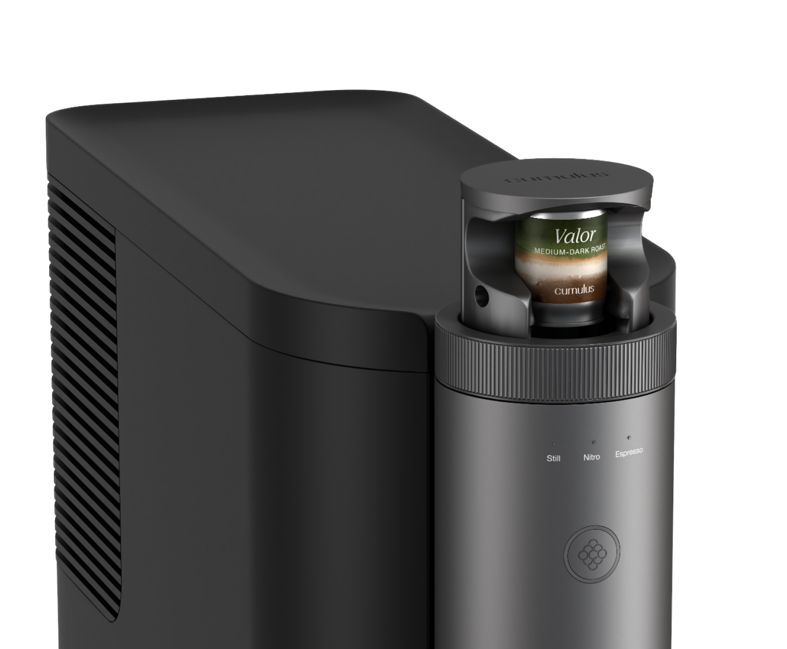 The top of the Cumulus machine with a Valor medium-dark roast coffee capsule inserted