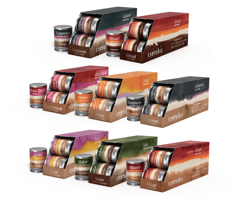 A set of 8 boxes of capsules floating next to each other. The flavors visible are "Sospeso medium roast", "Ritual" dark roast, "Ritual Decaf", "Delve", Sospeso light roast", "Lucid", "Valor", and "Ritual"
