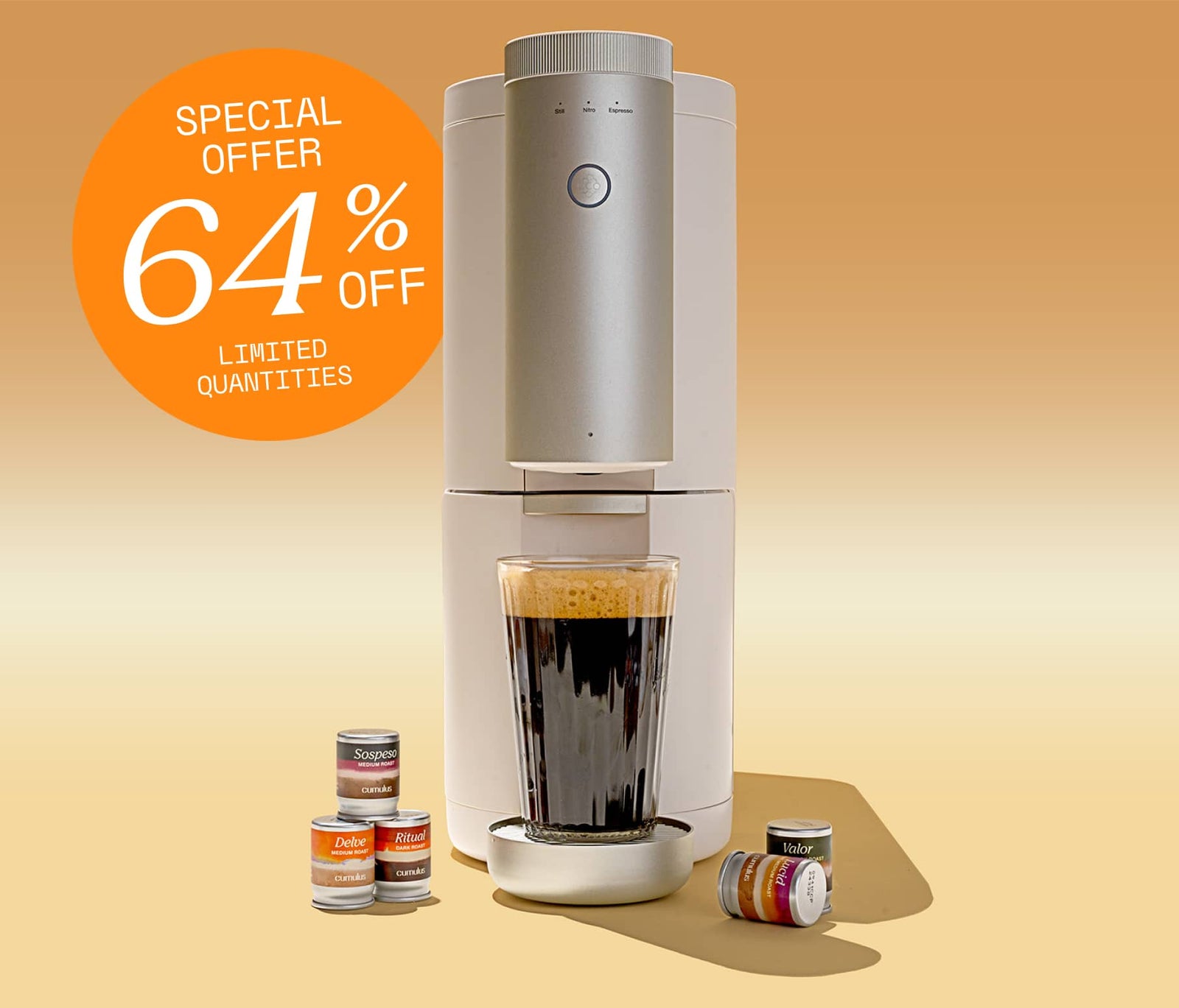 Cumulus Coffee maker on an abstract gradient background next to some flavor pods.  badge says "Special offer 64% off limited quantities"