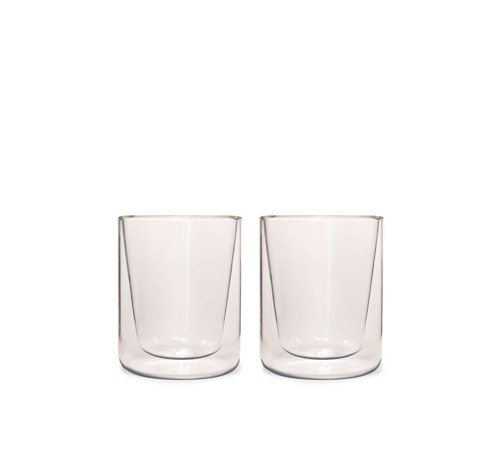 2 empty short glass cups with tapered interiors, so the bottom glass is thicker than the top.