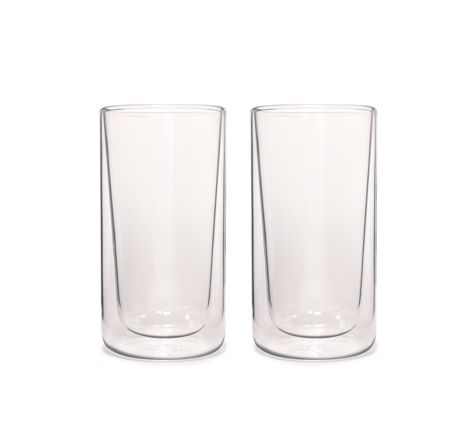 2 empty tall glass cups with tapered interiors, so the bottom glass is thicker than the top.