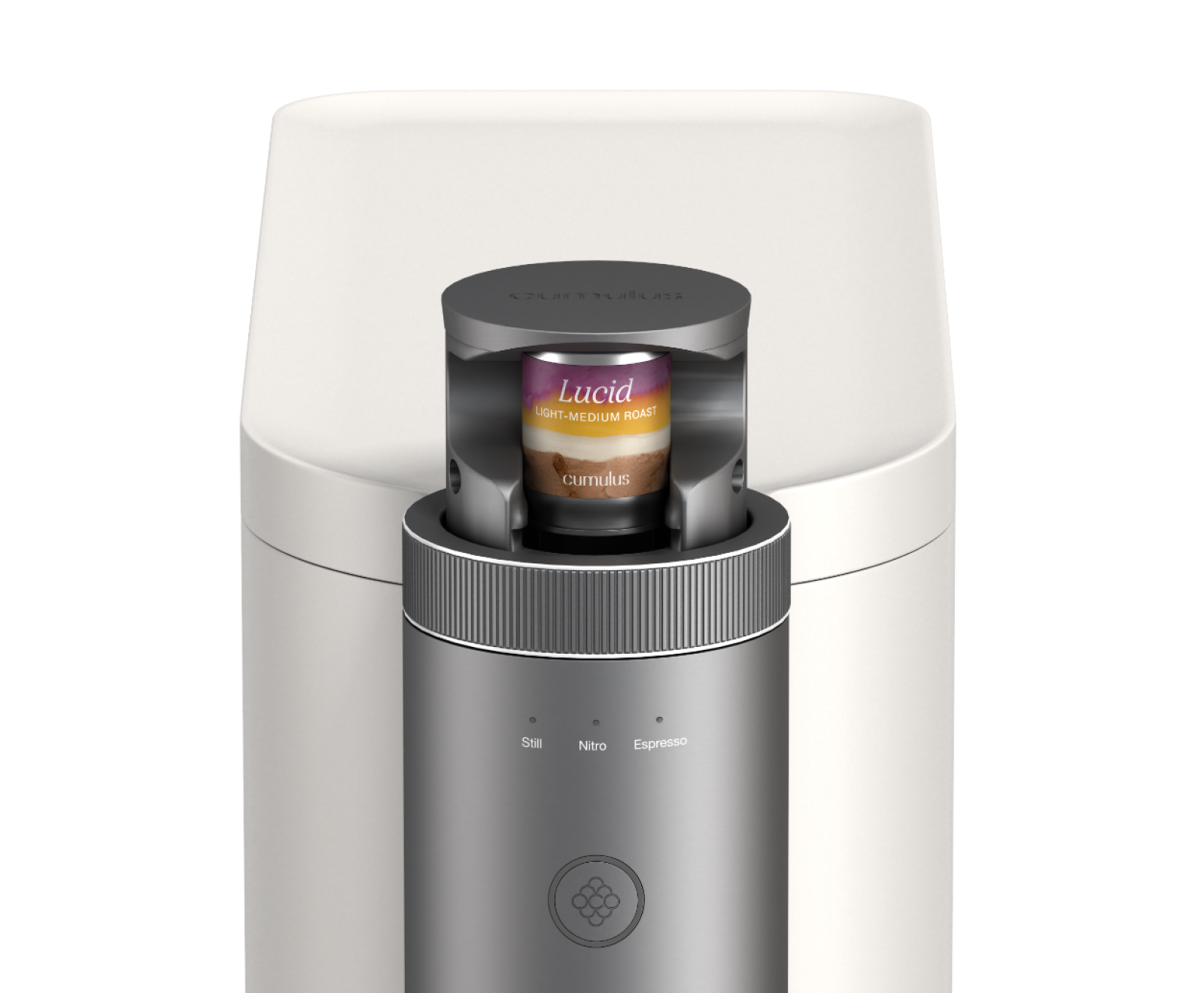 The top of the Cumulus machine with a 'Lucid' coffee capsule inserted into it.