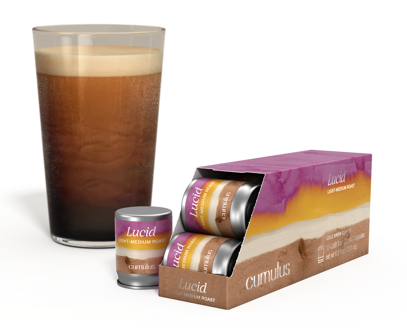 An opened pack of Lucid light-medium roast coffee capsule next to a cup of coffee