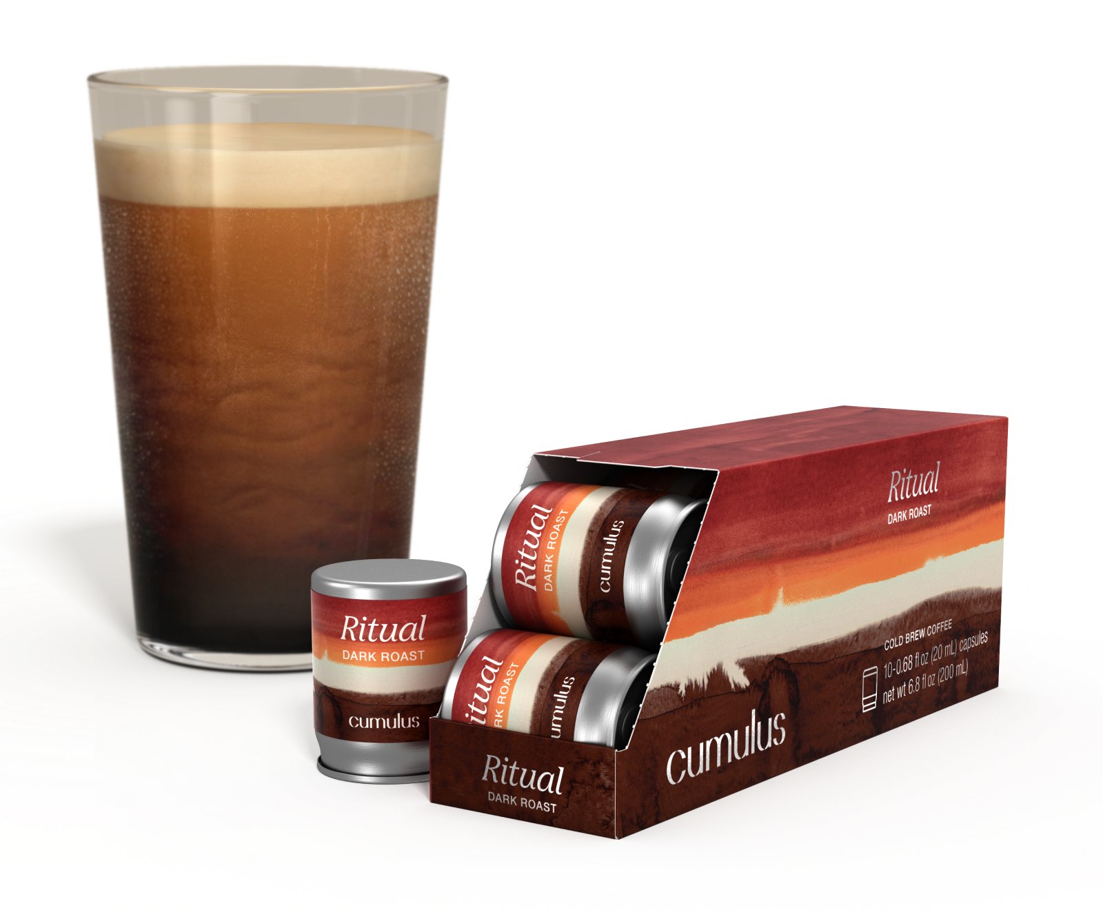 An opened pack of Ritual dark roast coffee capsules next to a cup of coffee