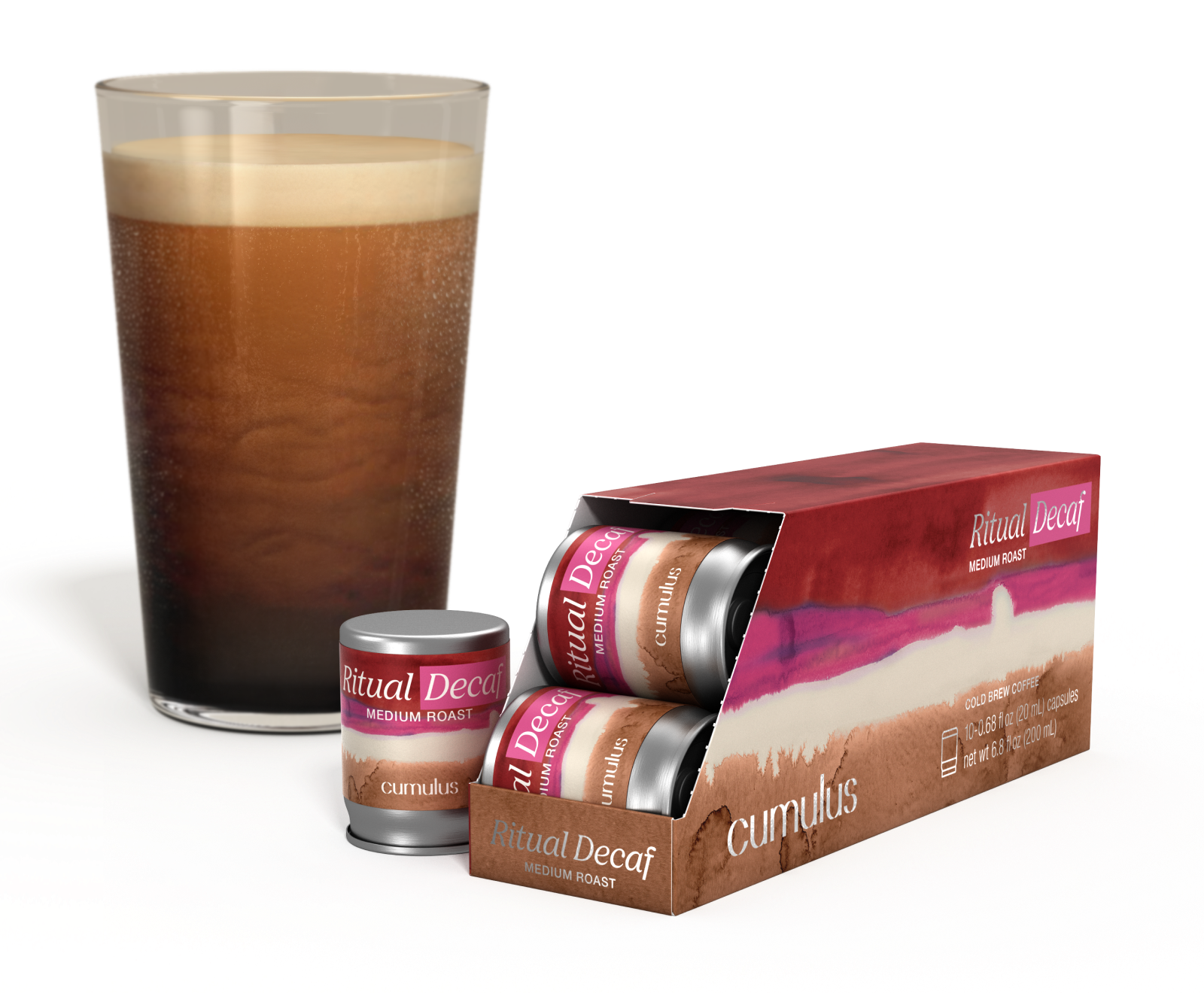 An opened pack of Ritual Decaf medium roast coffee capsule next to a cup of coffee