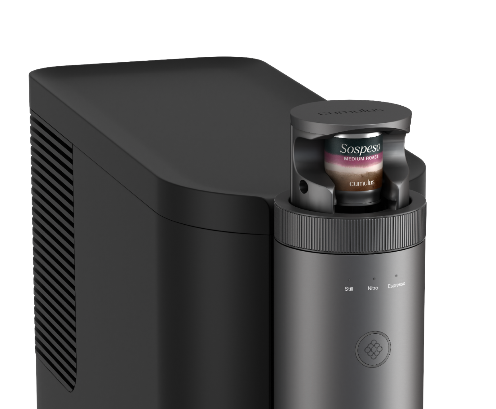 The top of the Cumulus machine with a Sospeso medium roast coffee capsule inserted