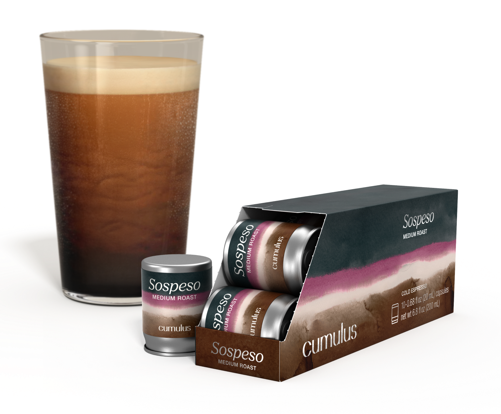 An opened pack of Sospeso medium roast coffee capsule next to a cup of coffee