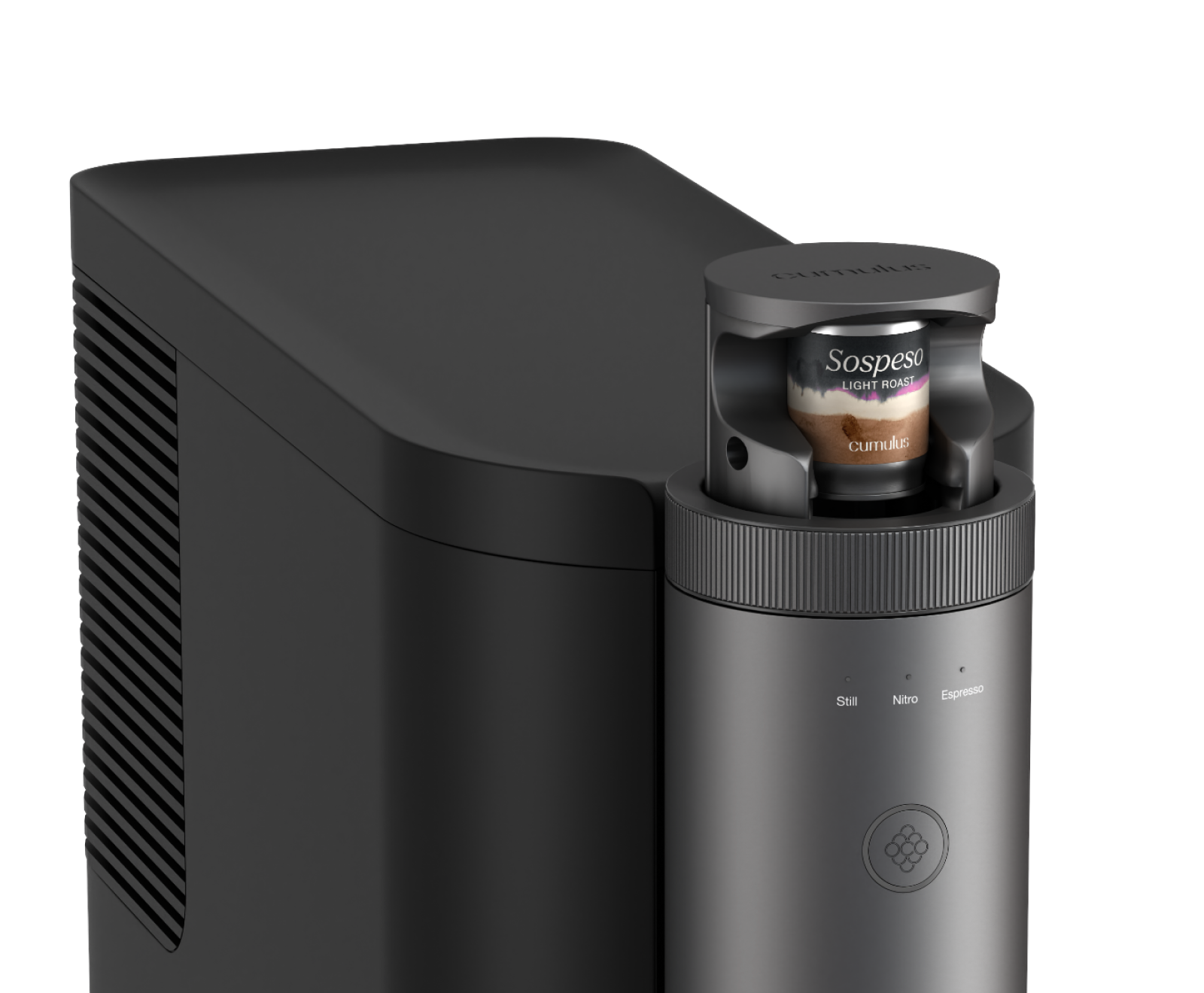 The top of the Cumulus machine with a Sospeso light roast coffee capsule inserted