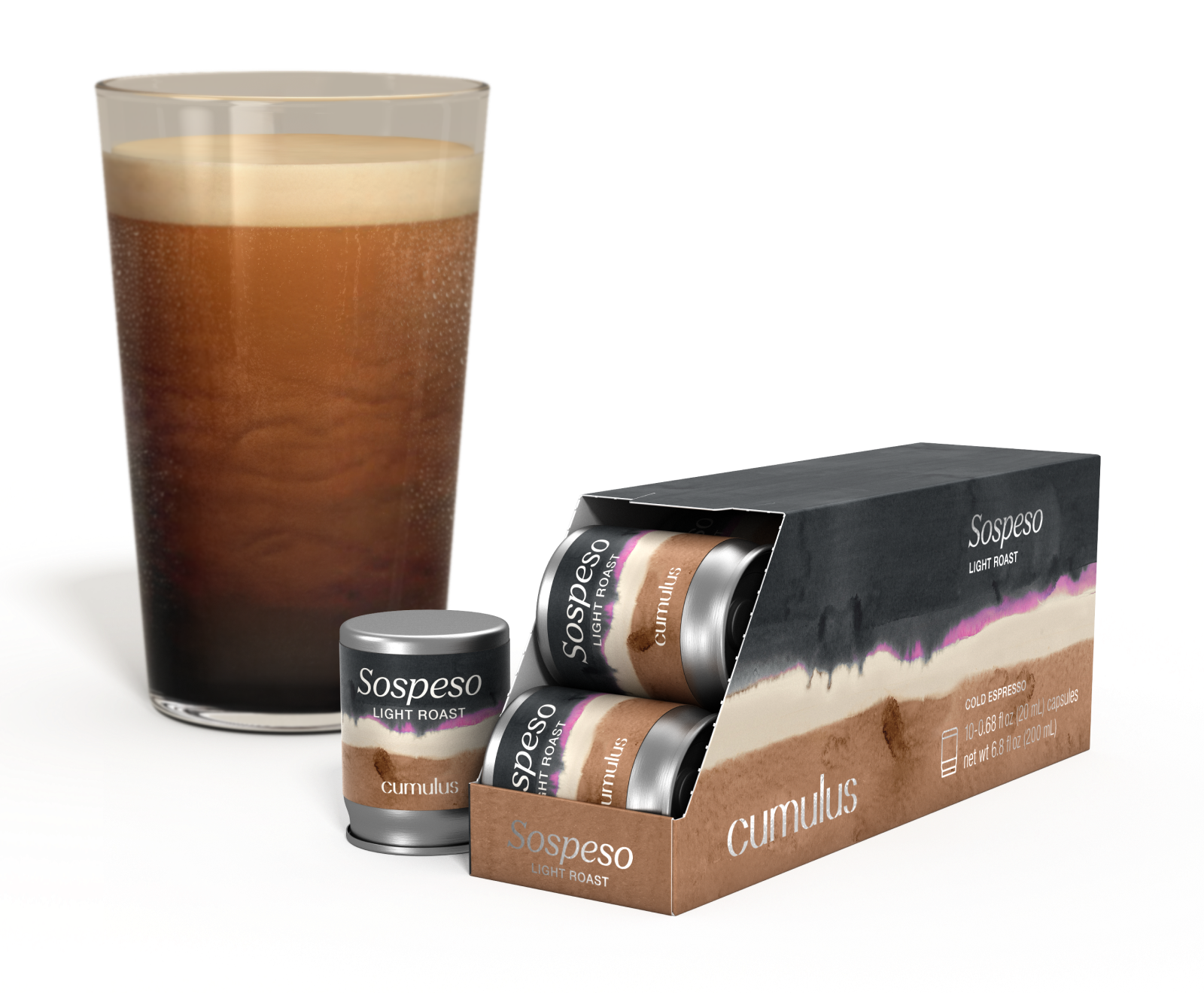 An opened pack of Sospeso light roast coffee capsule next to a cup of coffee