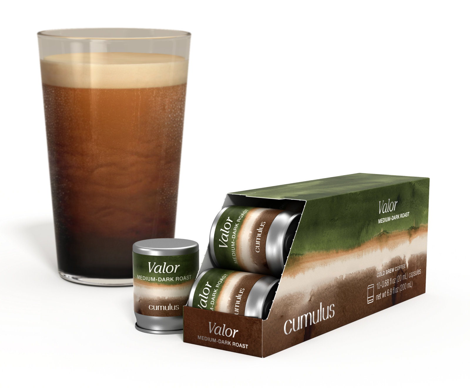 An opened pack of Valor medium-dark roast coffee capsule next to a cup of coffee