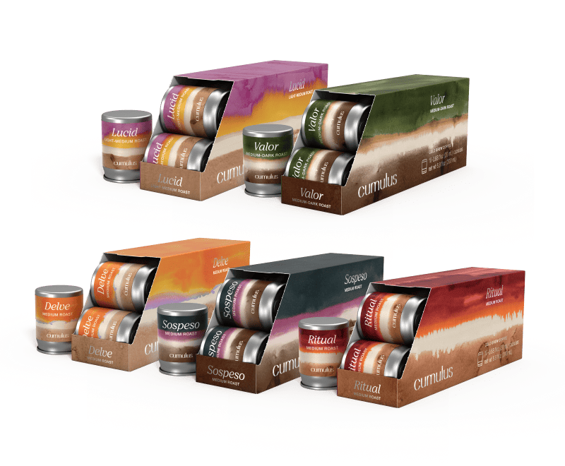 A set of 5 boxes of capsules floating next to each other. The flavors visible are "Sospeso medium roast", "Delve medium roast", Sospeso light roast", "Lucid light medium roast", "Valor medium dark roast", and "Ritual medium roast"