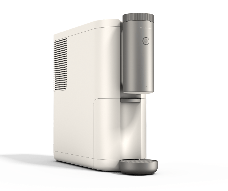 A white Cumulus coffee machine sitting on a table with a transparent background.