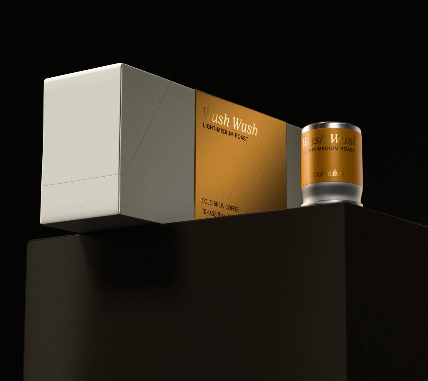 A box containing "wush wush - light medium roast" capsules sitting on a rectangular table.