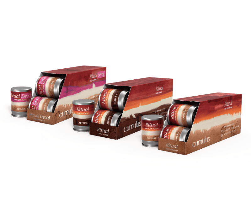 A set of 3 boxes of capsules floating next to each other. The flavors visible are "Ritual dark roast", "Ritual Decaf medium roast", and "Ritual medium roast"