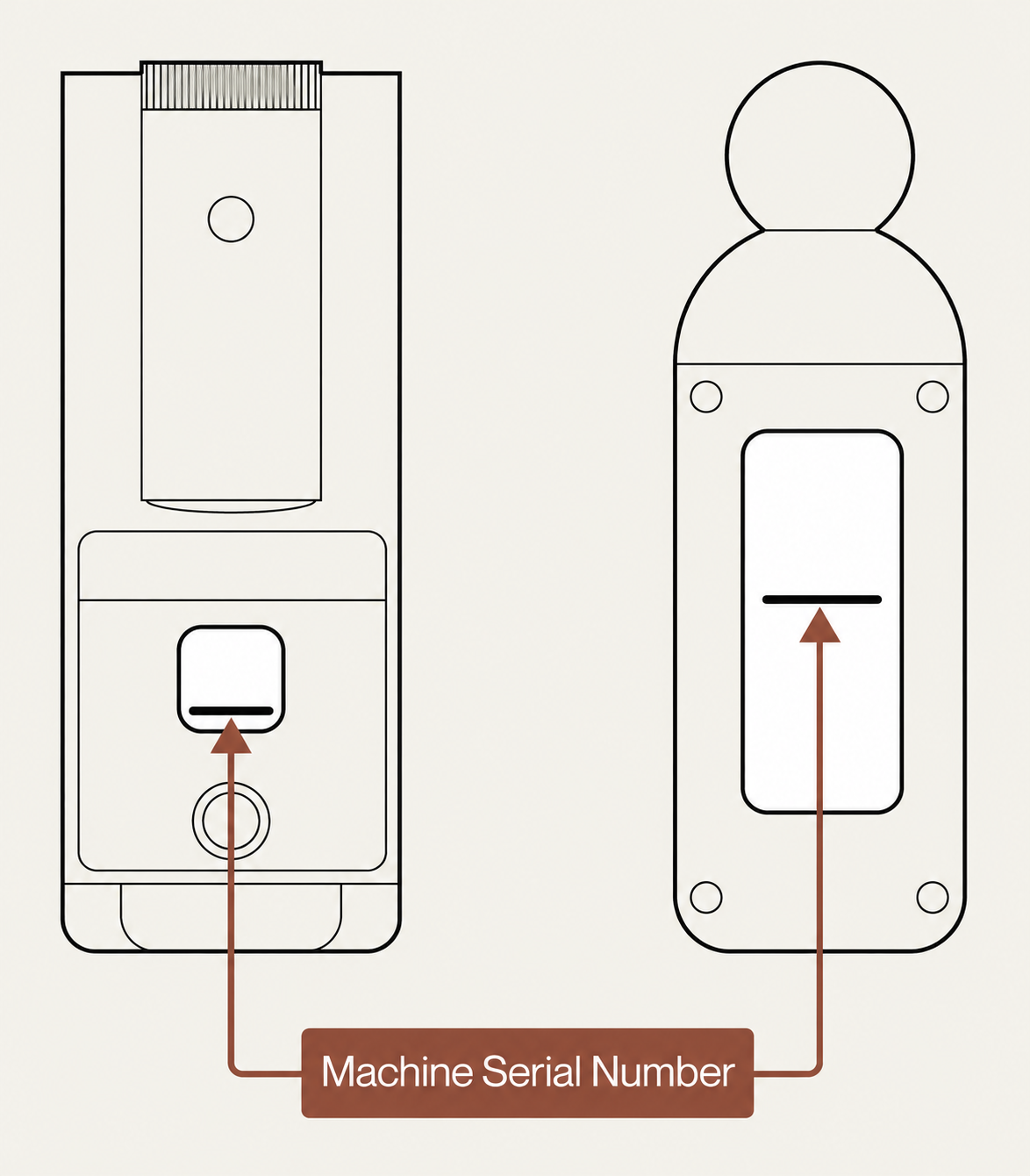 Two diagrams showing where to find the 13-character serial number behind the water reservoir and on the bottom of the machine